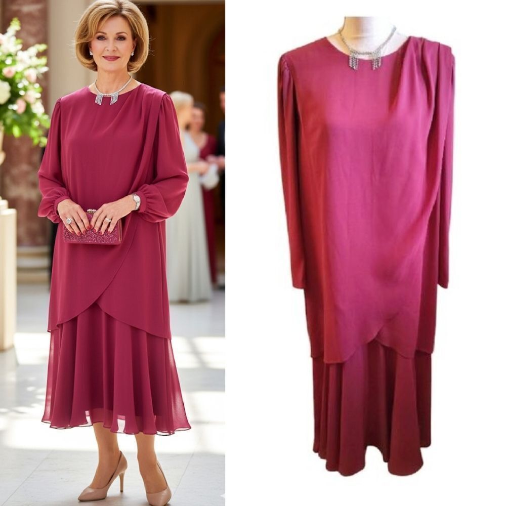 VTG 80s Draped Chiffon Mother Of The Bride Mdi Dress Size 14 *Fits Like Large